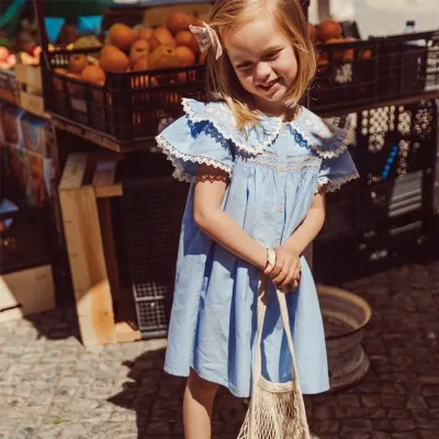 Children's Summer Dress with Floral Lapel Lace Skirt and Suspenders Girls' National Wind Dress for Holidays