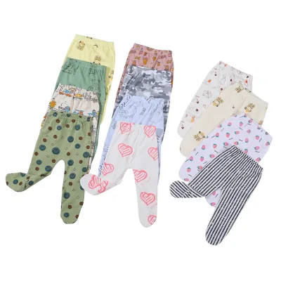 Baby Clothes Manufacture OEM ODM Many Stock Customize Pattern 100% Cotton Fabric Knitted Newborn Baby Footed Pants Trousers
