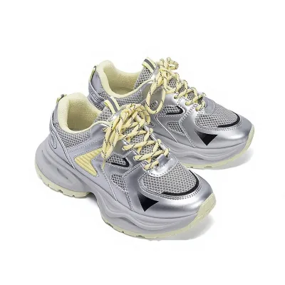 Women Chunky Sneakers In Stock Height Increasing White Platform Lace-Up Breathable Mesh Walking Shoes Low MOQ Ready to Ship