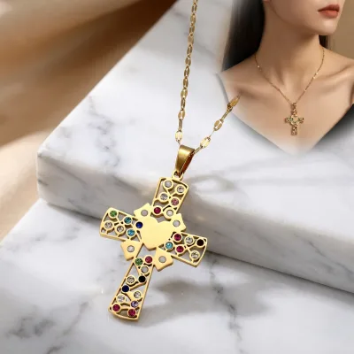 Yiwu Aceon Stainless Steel Lip Chain Elegant Women Fashion New Designer Colorful Zircon Paved Center Blank Heart Cross Necklace