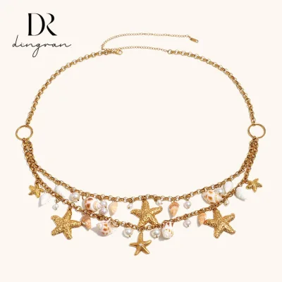 Dingran 18K Gold Plated Stainless Steel Waist Chain Belt Women Starfish Shell Pearl Beach Boho Wholesale Fashion Trendy Jewelry