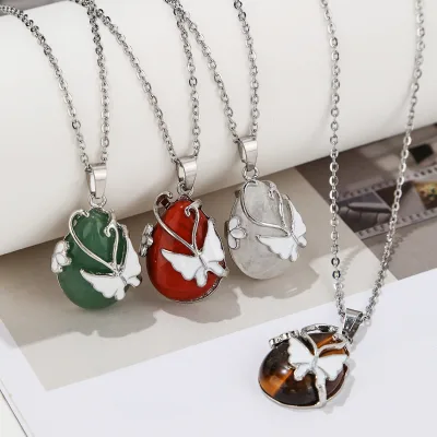 Stainless Steel Natural Crystal Butterfly Inlaid Amethyst Pendant Necklace for Girls Cross-Border Explosions Jewelry