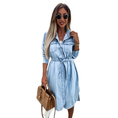 New Designs Open Front Jeans Denim Dress Long Sleeves Belt Decoration with Split Hem Washed Denim Lady Shirt Dresses