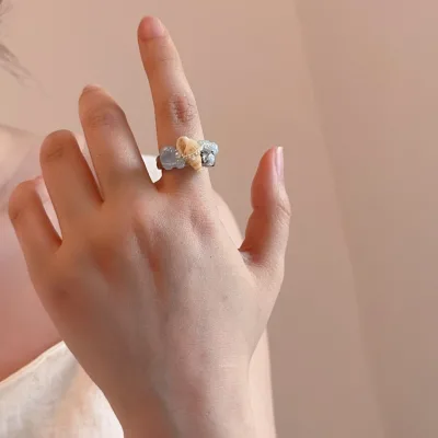Retro Beach Vacation Style Natural Aquamarine Shell Handmade Ring Cool Style Metal Wide Edition Ring