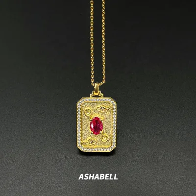 Fashion Ins Rectangle Engraved Gold square Plaque Vintage Design Gold Plated Collarbone Chain