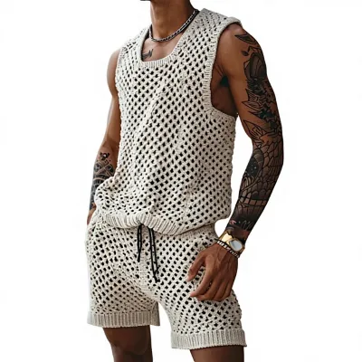 Summer New Casual Striped Matching Set Slim-Fit Lapel Short-Sleeve Button-Down Shirt Shorts Men's Knit Summer Wear Wholesale
