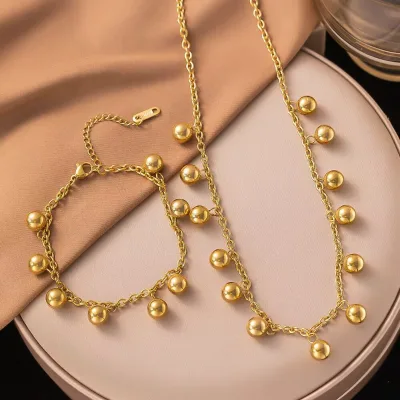 Simple Classic Women's Stainless Steel Ball Jewelry Set Waterproof 18K Gold Plated Gold Ball Pendant Necklace Gift