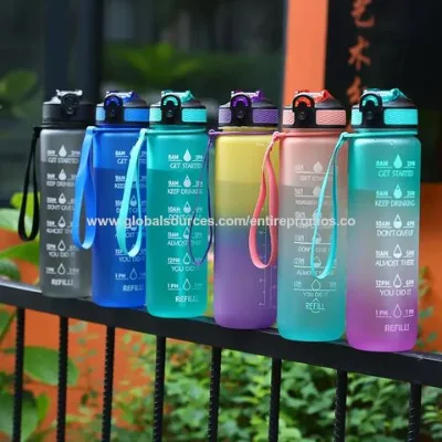 32oz Sports Water Bottle Fitness Water BottleWith Time Marker and Straw Plastic Drinking Bottle travel cup