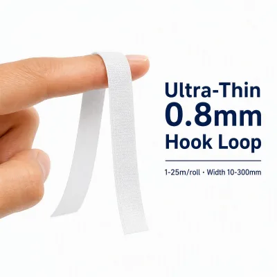 Ultra-Thin 0.8mm Hook Loop Fastener Tape, Low Profile Minimalist Design, Flexible Soft Bond, 1-25m/Roll