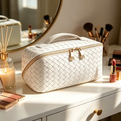 Custom Logo 3D Checkered PU Leather Travel Cosmetic Bag Waterproof Zipper for Toiletry Beauty Bag for Pink Letter Pattern