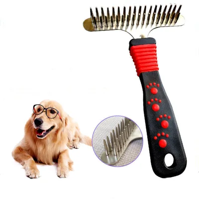 Pet Brush Detangling Long-Hair Dog & Cat Comb Single-Row Rake-Style with Double-Tooth Long Pins