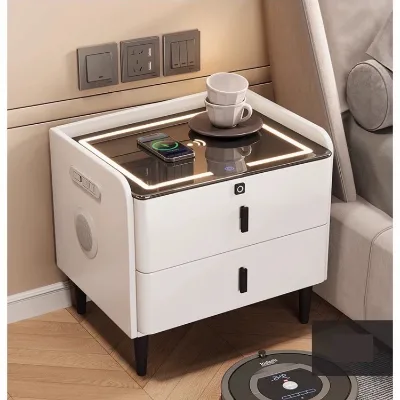 Factory Direct Sales Smart Bedside Table with Wireless Induction Charging with Three-color Lighting Cabinet Solid Wood Frame