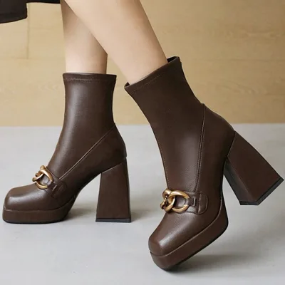 In Stock Latest Fashion High Heel Boots Square Toe Platform Boots Ankle High Chunky Heel Front Chain Big Size 46