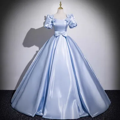 2025 New High-end Puffy Art Examination Chorus Performance Host Blue Satin Evening Dress For Women