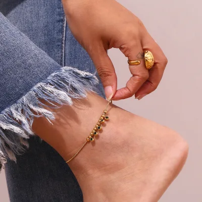 Gfashion New Stainless Steel Link Chain Anklets for Women Girls Green CZ Crystal Charm Foot Anklet Jewelry