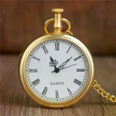 Simple Uncovered Flat Open Face Quartz Watch Fashion Lady Gold Necklace Clock White Dial Roman Numeral Pocket Watch