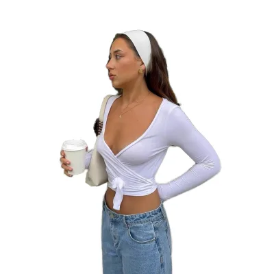 Elegant Women's Yoga Top Deep V-Neck Long Sleeves Luxury Fashionable Wrap Top Thin Soft Elastic Side Tie Rope Custom Breathable