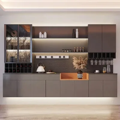 Floating Sideboard Cabinet Dark Gray Matte Finish Wood Open Niche LED Under Cabinet Light Handleless for Dining Room