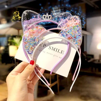 Wholesale Quicksand Sequin Cat Ears Plastic Headband Crown Bow Princess Headband for Girls Kids