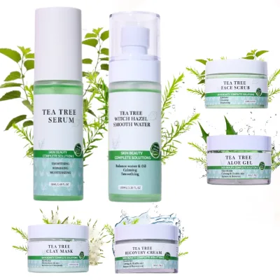 High Quality Organic Tea Tree Smoothing Anti Acne Calming Private Label Face Gel Cream Scrub Facial Clay Mask Skin Care Set
