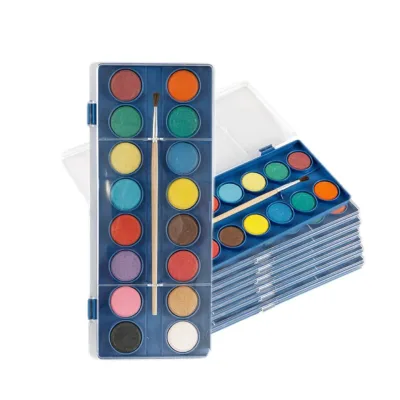 Hot Selling Kids Colorful and Durable Solid Water Coloring Paint Set with 12 Vibrant Water Colors and 1 Wooden Paintbrush