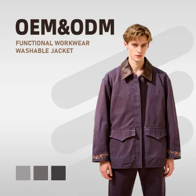 Retro Ethnic Style Enzyme Wash Spring Casual Breathable Eco-friendly Windproof Men's purple Cotton Collar Front Washing Jacket