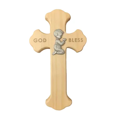 Tailai Natural Wood Cross with Praying Boy Figurine "God Bless" Engraved Baptism Christening Wall Decor for Baby Boys