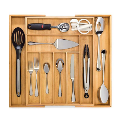 For Bamboo Extendable Single Tier Lacquer Finish Partition Storage Box for Kitchen Tableware and Silverware