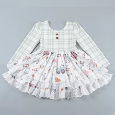 Casual Custom Printed Girls Dress Farm Animal and Plaid Pattern Ruffle Skirt Hem with Buttons Decoration Cute Girls Dress Design