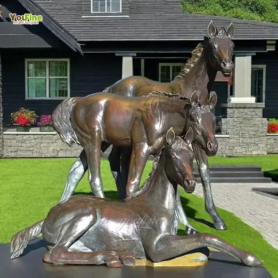 Handcrafted Bronze Horse Statue Mare with Two Foals Lost Wax Casting Patina Outdoor Garden Sculpture Villa Yard Decor