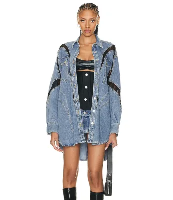Lace Patchwork Oversized Denim Jackets Autumn Women Turn Down Collar Full Sleeve Buttons Loose Casual Long Jeans Coats