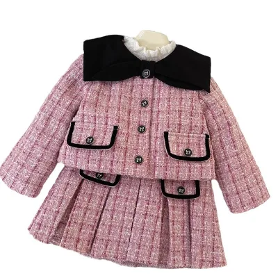 Winter New Girl Long Sleeve Heavy Coat Suit Baby Plaid Skirt Two Sets