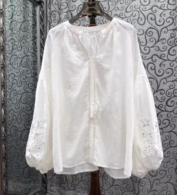 100%Linen Tops 2026 Spring Fashion Designer Clothes Women Hollow Out Embroidery Lantern Sleeve Casual Loose White Tops Blusas