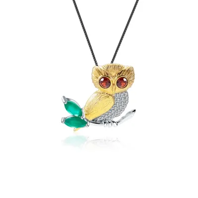 Abiding Natural Rhyolite Rock Garnet Owl Animal 925 Sterling Silver Pendant Necklace Brooch Jewelry