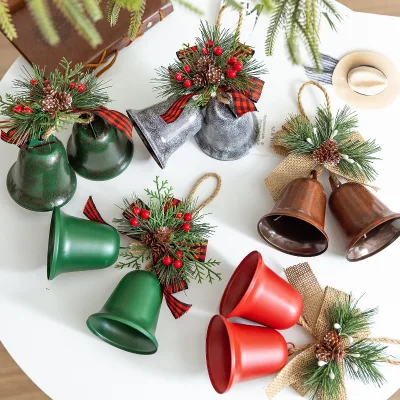 Christmas Metal Bell Ornament with Pine Cone Berry Bow Jute Rope Hanging Decor for Xmas Tree Home Party