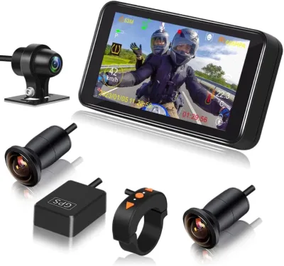 VSYS 4.5'' LCD Motorcycle Dash Cam Camera 1080p 3 Channel 140 Wide Angle Screen with GPS TPMS Parking Mode Motorbike Camera