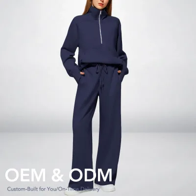 Women's Casual Two-Piece Set European American Vintage Oversized Half-Zip Hooded Sweatshirt Wide-Leg Solid
