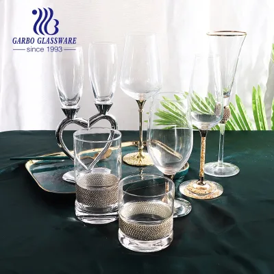 6oz Wholesale Hot-selling Delicate Crystal Glass Luxury champagne Flute with Metal Stand and Gift Box in Bulk Packed for Wedding