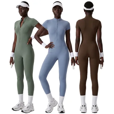 Wholesale Fitness Nylon Gym Casual Plain Customized Short Sleeve Slim Bodysuit Jumpsuit for Women