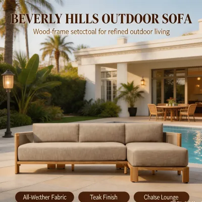 Modern Sculptural Teak Right Arm Chaise Sectional Set with Barrel Back and Mesh Foam for Outdoor Villa Garden