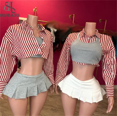 Sexy Party Night Club Skirt Sets Women 3 Piece Outfit Long Sleeve Striped Shirts Top and Vest and Mini Skirts Matching Sets