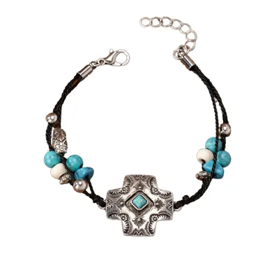 Vintage Distressed Metal Cross Turquoise Bracelet Elegant Floral Letter Design Gold Alloy Stainless Steel Fashionable Bangles