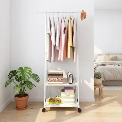 Wholesale Mobile Garment Rack With 2 Storage Shelves Lockable Wheels Multi-Layer Metal Clothing Rack For Bedroom