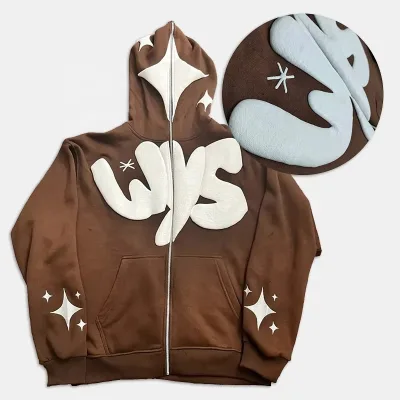 Custom100% Cotton Puff Printing Streetwear Full Zip up Hoodie Manufacturers Zipup Hoodies Custom Logo Heavyweight Zip up Hoodies