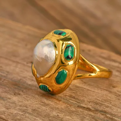 Gold Plated Copper Rings with Natural Baroque Freshwater Pearl and Malachite Inlay Fashionable Rings