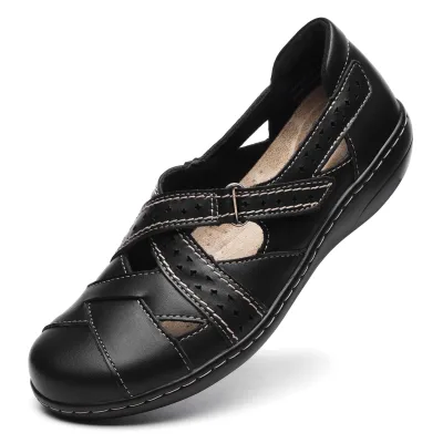 Irrefour Womens Classic Black Genuine Leather Breathable Casual Loafer Slip-On Closed Toe Flat Sandal Comfortable Work