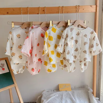 Baby Cartoon Long Sleeve and Short Sleeve Cotton Linen Pants Set Elastic Waist Pants Outfit Breathable Stretchy Sleepwear