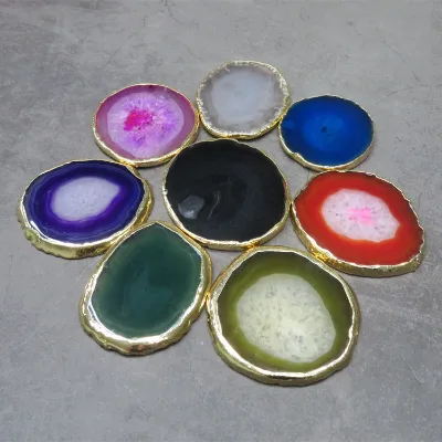 Natural Polished Agate Drink Cup Holder Coasters Irregular Agate Slices Crystal Stone Agate Coaster With Gold Rim for Drink
