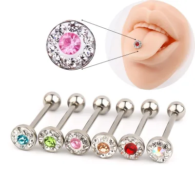 Titanium Steel Crystal CZ Tongue Barbell Flat Gem Internally Threaded Tongue Ring Trendy Sexy Women Body Piercing Jewelry