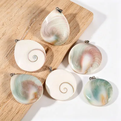 Natural Spiral Shiva Eye Shell Pendants, Flat Round Drop Teardrop Pacific Cat Eye Shell Pendant, for DIY Jewelry Making 20-50mm